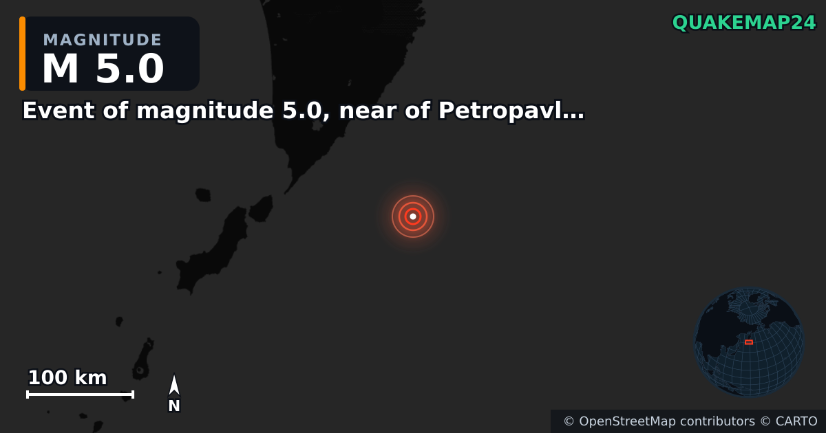 M5.0 earthquake near Event of magnitude 5.0, near of Petropavlovsk Kamchatskiy (Monde) on Jan 18, 2026 — map of epicenter and shaking intensity | QuakeMap24