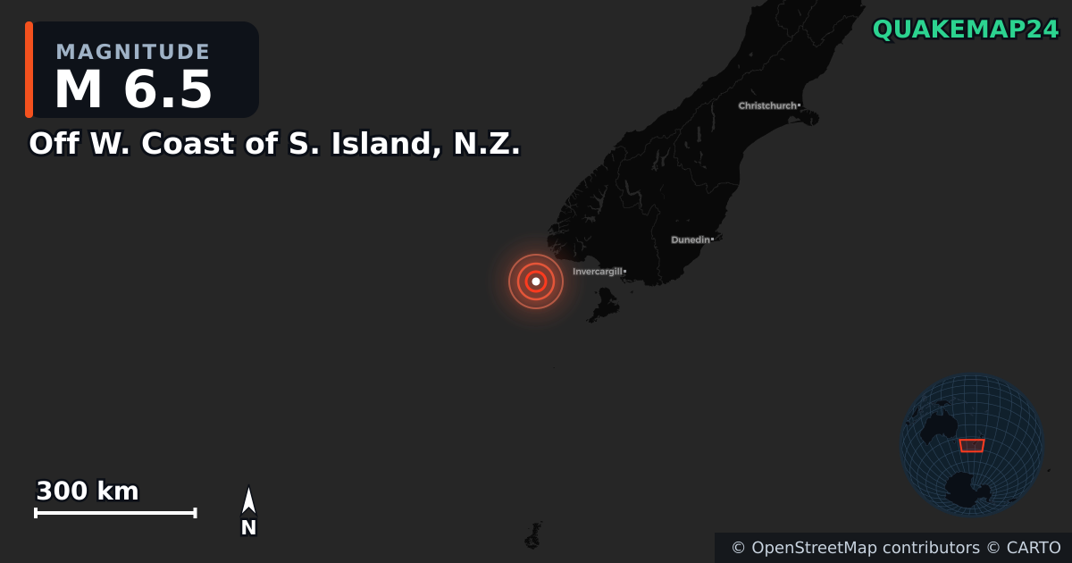 M6.5 Earthquake near Off W. Coast of S. Island, N.Z. · 2025-03-25 — Map showing the location of the epicenter