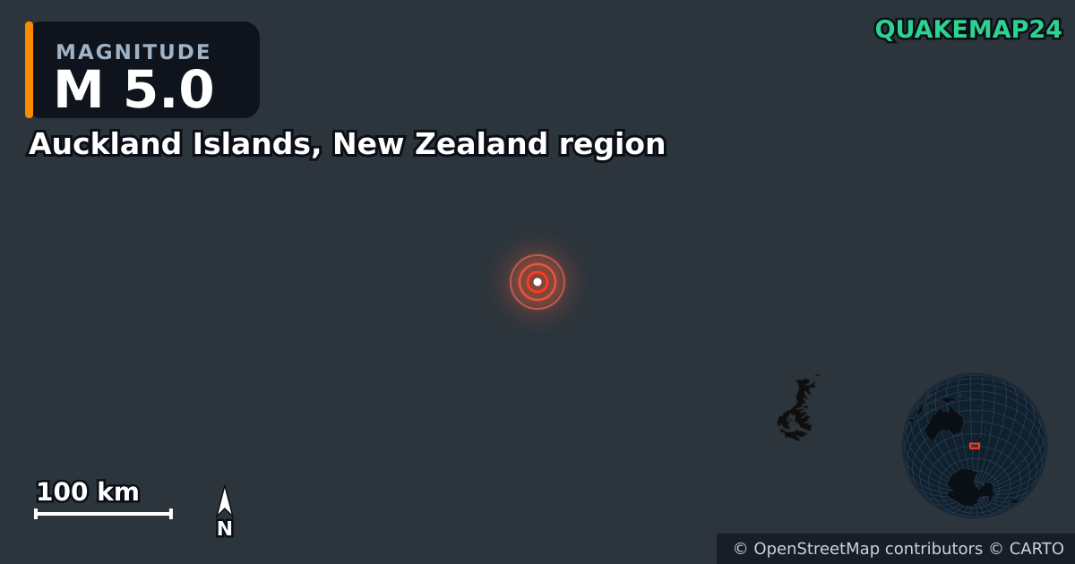 M5.0 Earthquake near Auckland Islands, New Zealand region · 2026-10-16 — Map showing the location of the epicenter