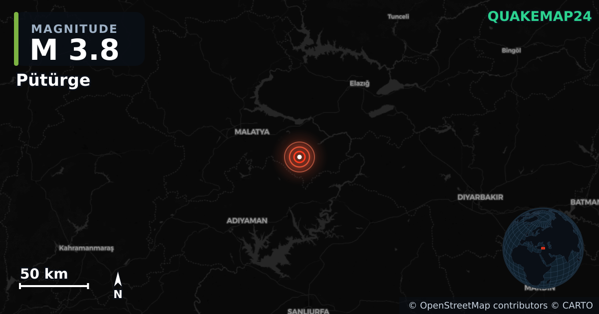 M3.8 earthquake near Pütürge on Sep 26, 2025 — map of epicenter and shaking intensity | QuakeMap24