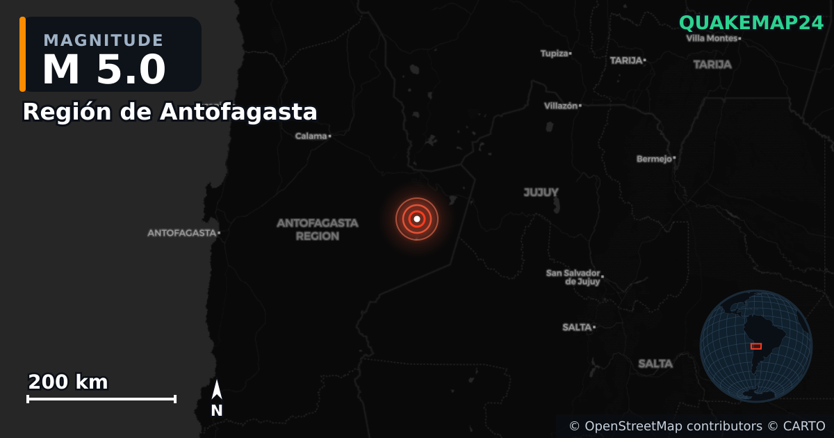 M5.0 earthquake near Región de Antofagasta on Jul 29, 2025 — map of epicenter and shaking intensity | QuakeMap24