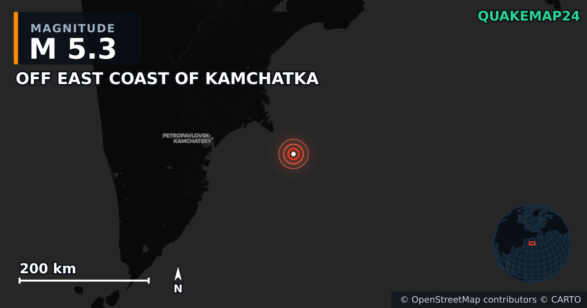 OFF EAST COAST OF KAMCHATKA yakınında M5,3 deprem — Deprem merkez üssünün konumunu gösteren harita