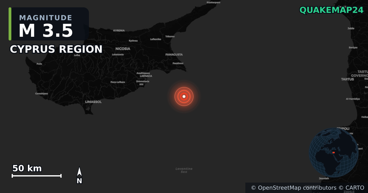 Sismo de M3,5 perto de CYPRUS REGION · 2026-10-09 — Mapa da localização do epicentro