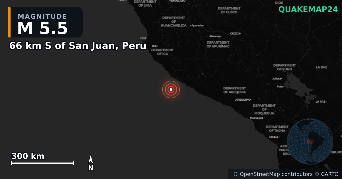 M5.5 earthquake near 66 km S of San Juan, Peru on Feb 17, 2025 — map of epicenter and shaking intensity | QuakeMap24