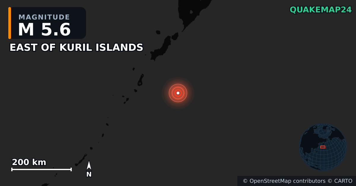 M5.6 earthquake near EAST OF KURIL ISLANDS on Jul 30, 2025 — map of epicenter and shaking intensity | QuakeMap24