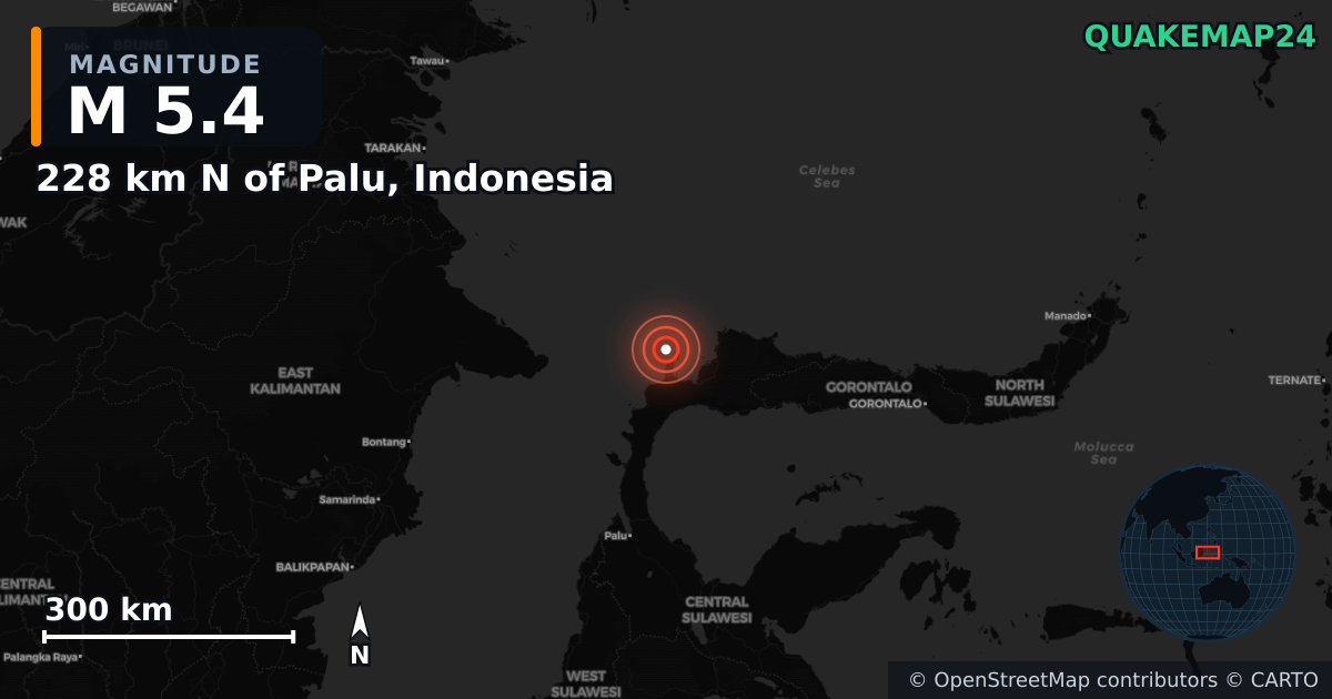 M5.4 earthquake near 228 km N of Palu, Indonesia on Mar 14, 2025 — map of epicenter and shaking intensity | QuakeMap24
