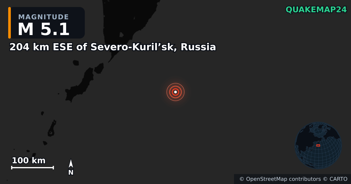 M5.1 earthquake near 204 km ESE of Severo-Kuril’sk, Russia on Aug 3, 2025 — map of epicenter and shaking intensity | QuakeMap24