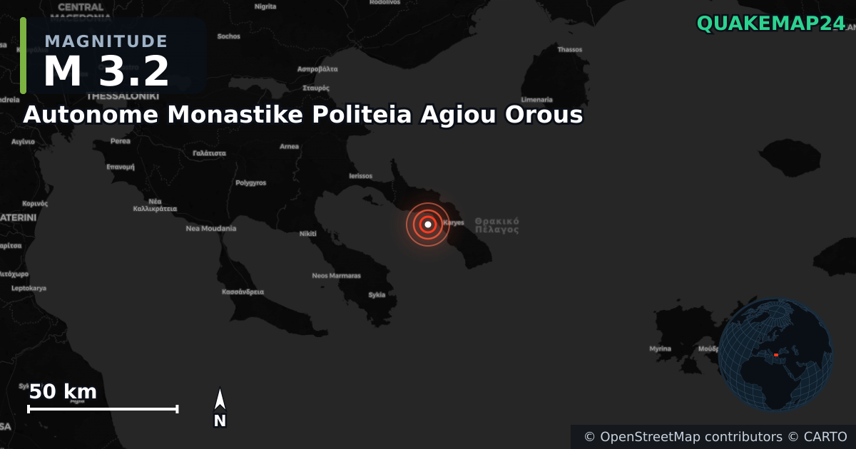 M3.2 earthquake near Autonome Monastike Politeia Agiou Orous on Jan 5, 2026 — map of epicenter and shaking intensity | QuakeMap24