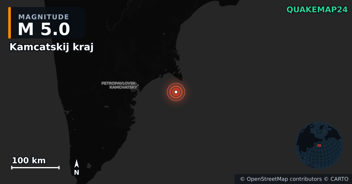 M5.0 earthquake near Kamcatskij kraj on Sep 10, 2025 — map of epicenter and shaking intensity | QuakeMap24