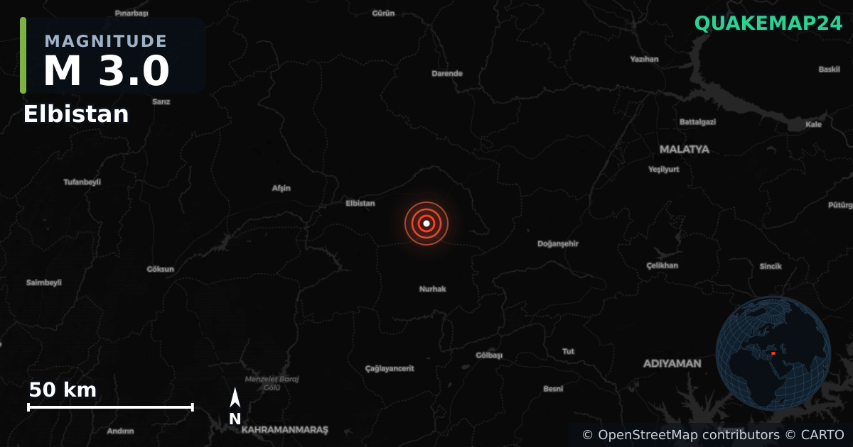 M3.0 earthquake near Elbistan on Nov 1, 2025 — map of epicenter and shaking intensity | QuakeMap24