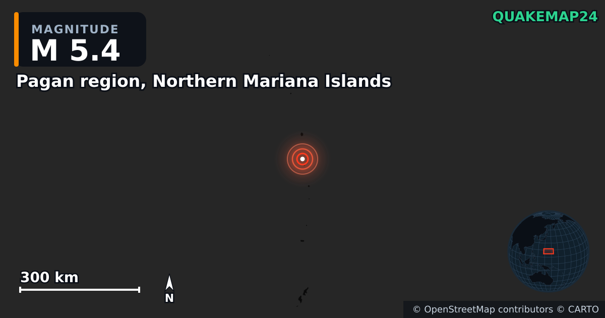 M5.4 earthquake near Pagan region, Northern Mariana Islands on Jul 24, 2025 — map of epicenter and shaking intensity | QuakeMap24