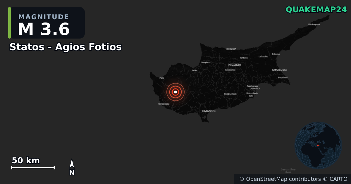 M3.6 earthquake near Statos - Agios Fotios on Nov 12, 2025 — map of epicenter and shaking intensity | QuakeMap24