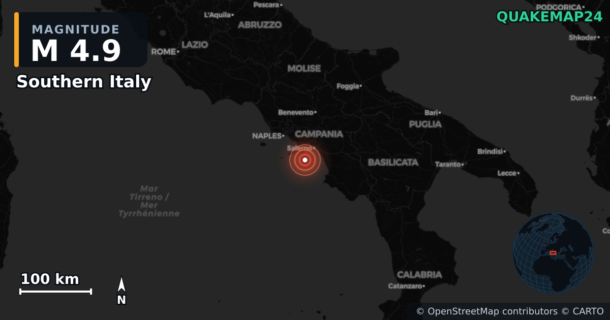 M4.9 earthquake near Southern Italy on Feb 21, 2026 — map of epicenter and shaking intensity | QuakeMap24