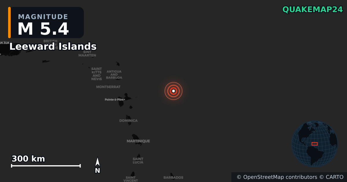 M5.4 Earthquake near Leeward Islands · 2025-10-27 — Map showing the location of the epicenter