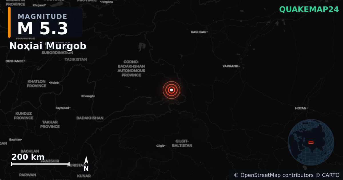 M5.3 earthquake near Noҳiai Murgob on Jan 8, 2026 — map of epicenter and shaking intensity | QuakeMap24