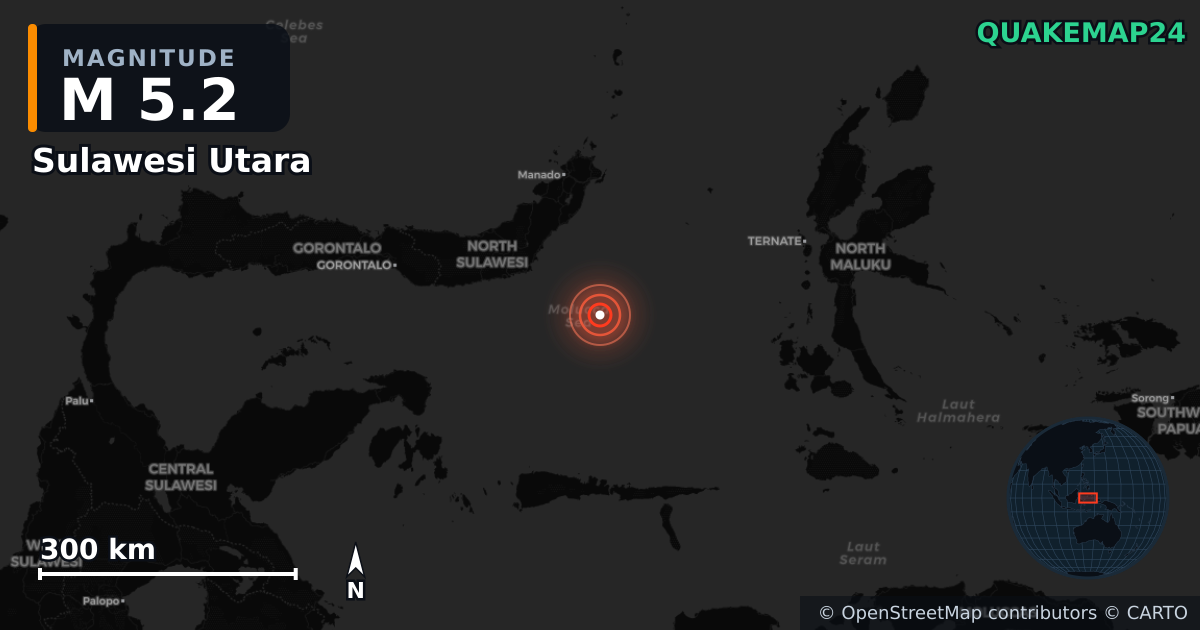 M5.2 earthquake near Sulawesi Utara on Jun 6, 2026 — map of epicenter and shaking intensity | QuakeMap24