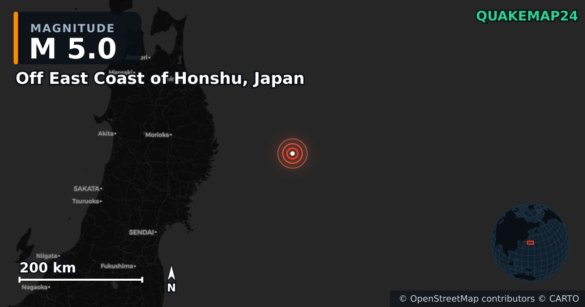 M5.0 earthquake near Off East Coast of Honshu, Japan on Nov 8, 2025 — map of epicenter and shaking intensity | QuakeMap24