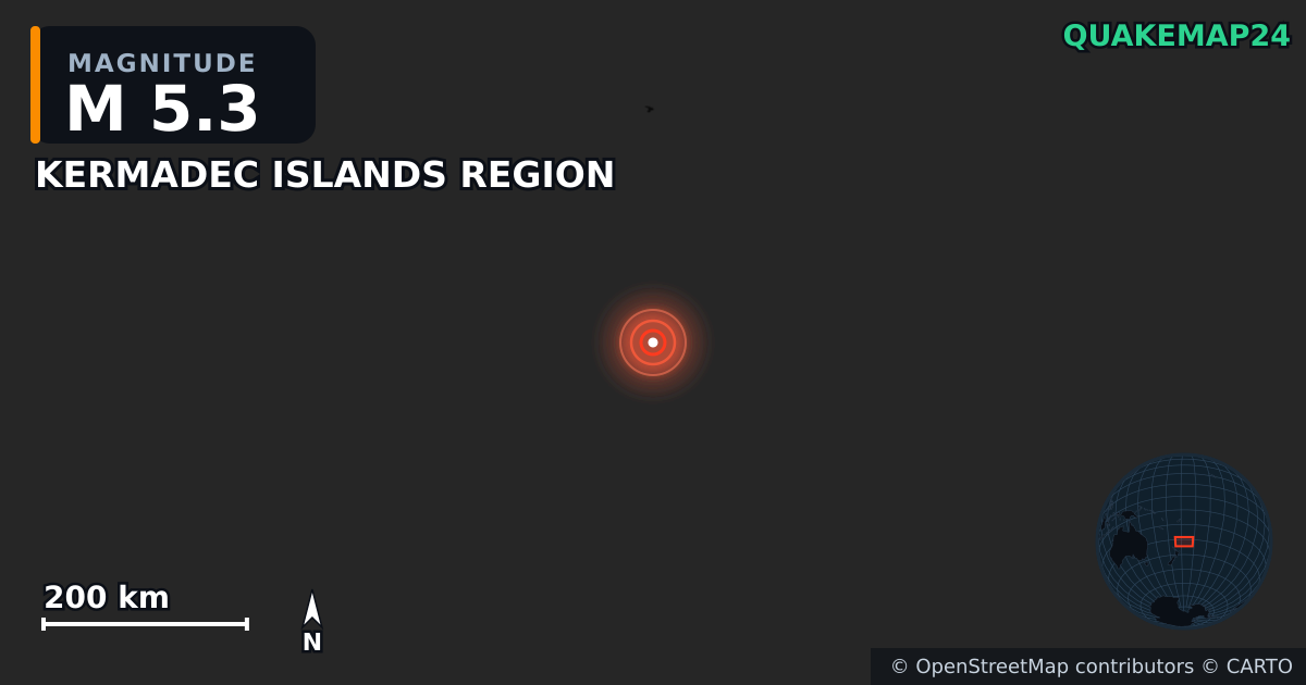 M5.3 earthquake near KERMADEC ISLANDS REGION on Jan 9, 2026 — map of epicenter and shaking intensity | QuakeMap24