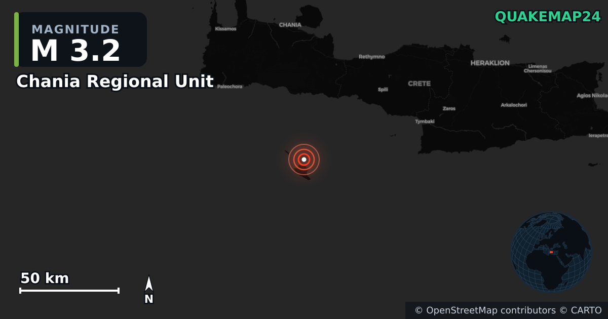 Erdbeben M3,2 bei Chania Regional Unit, Region of Crete (Griechenland) · 2026-09-12 — Karte der Lage des Epizentrums