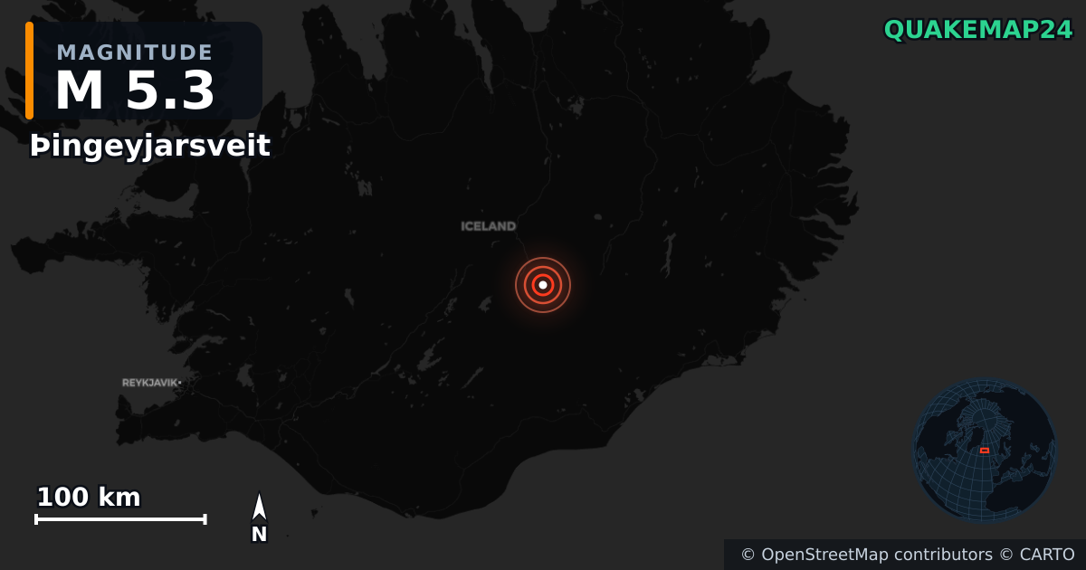 M5.3 earthquake near Þingeyjarsveit on Jan 31, 2026 — map of epicenter and shaking intensity | QuakeMap24