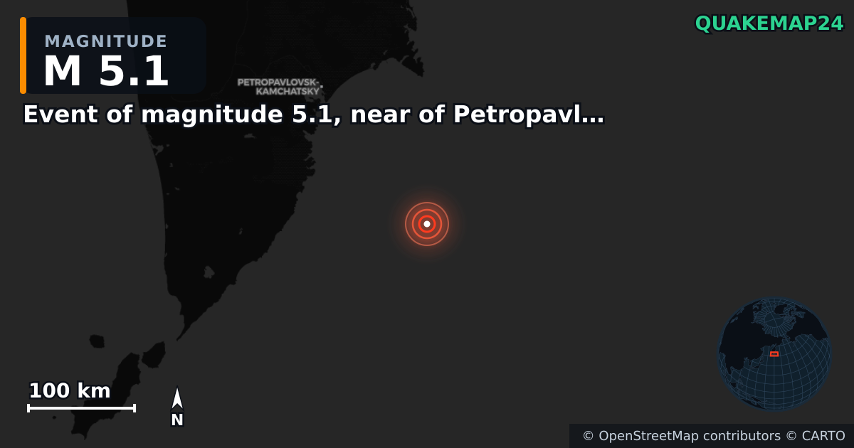 Event of magnitude 5.1, near of Petropavlovsk Kamchatskiy (Monde) yakınında M5,1 deprem — Deprem merkez üssünün konumunu gösteren harita
