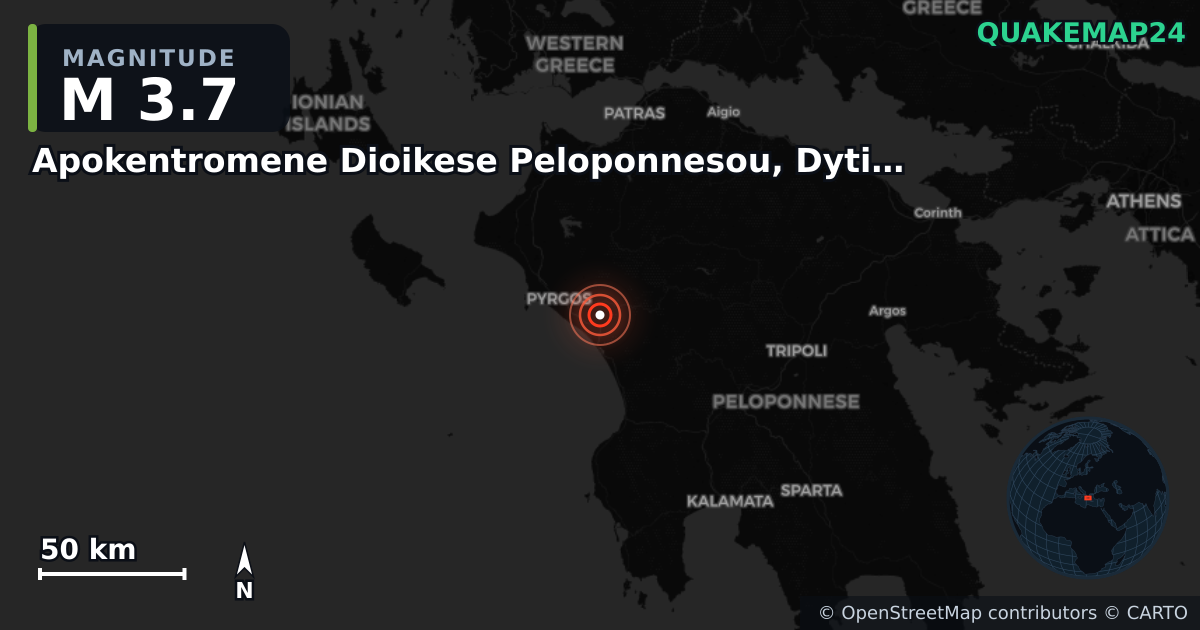 M3.7 earthquake near Apokentromene Dioikese Peloponnesou, Dytikes Elladas kai Ioniou on May 25, 2025 — map of epicenter and shaking intensity | QuakeMap24