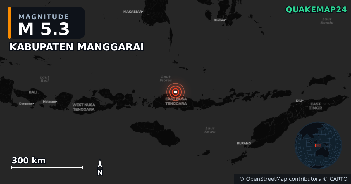 M5.3 earthquake near KABUPATEN MANGGARAI on Aug 20, 2026 — map of epicenter and shaking intensity | QuakeMap24