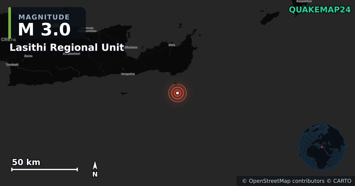 M3.0 earthquake near Lasithi Regional Unit on Aug 15, 2026 — map of epicenter and shaking intensity | QuakeMap24