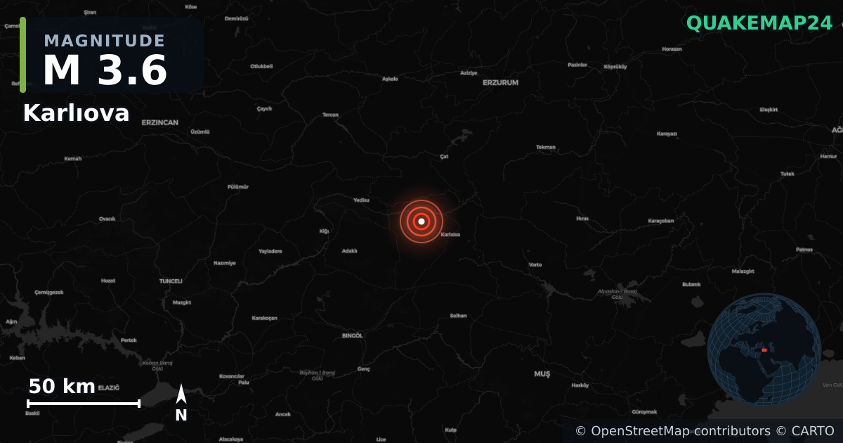 M3.6 earthquake near Karlıova on Nov 8, 2025 — map of epicenter and shaking intensity | QuakeMap24