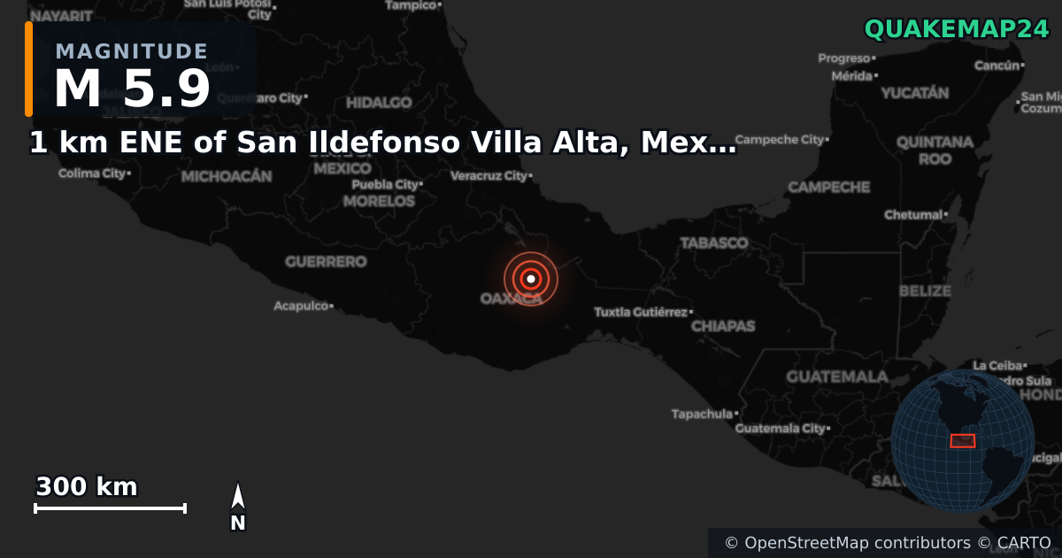 M5.9 earthquake near 1 km ENE of San Ildefonso Villa Alta, Mexico on Aug 2, 2025 — map of epicenter and shaking intensity | QuakeMap24