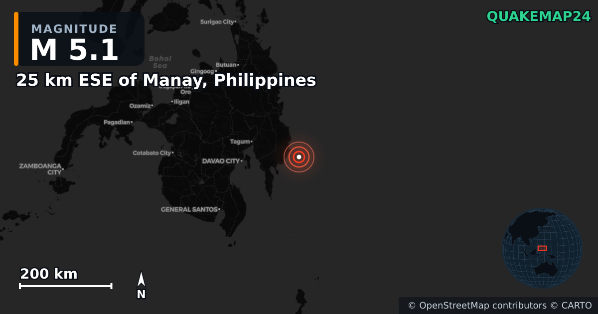 M5.1 earthquake near 25 km ESE of Manay, Philippines on Oct 10, 2025 — map of epicenter and shaking intensity | QuakeMap24