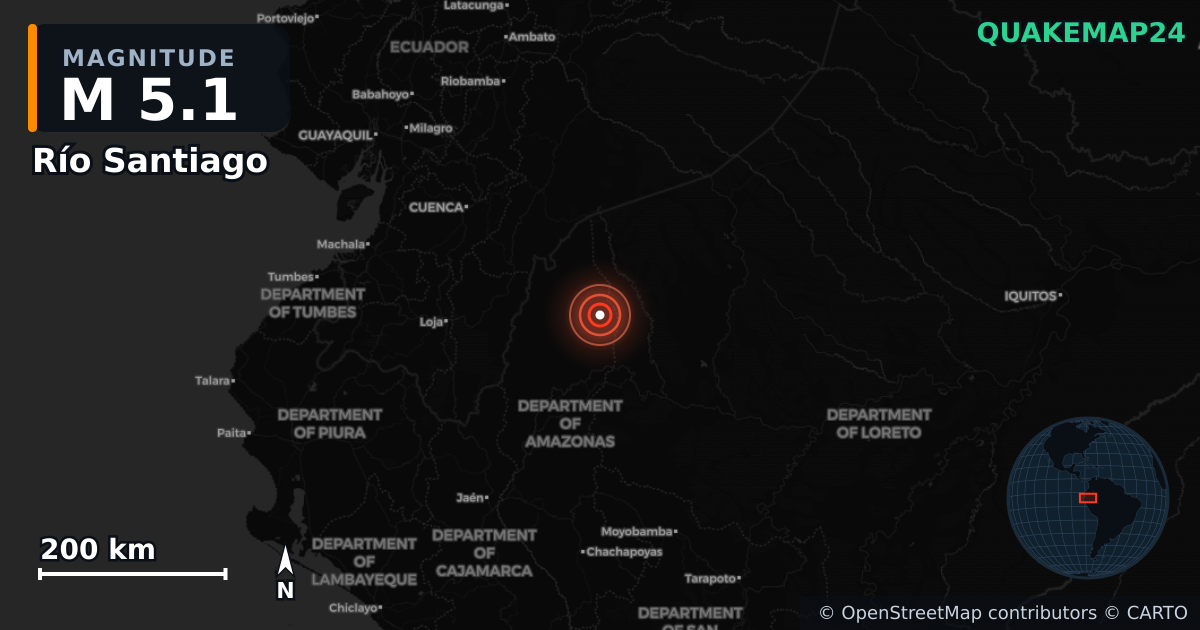 M5.1 earthquake near Río Santiago on Jan 8, 2026 — map of epicenter and shaking intensity | QuakeMap24
