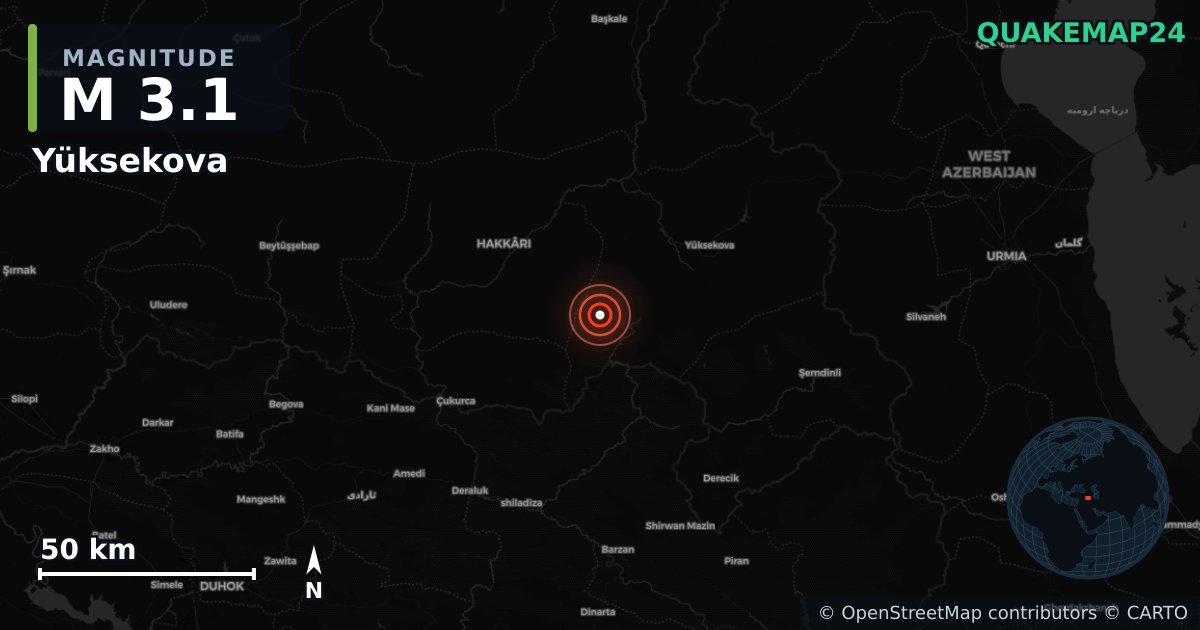 M3.1 earthquake near Yüksekova on Jul 23, 2025 — map of epicenter and shaking intensity | QuakeMap24