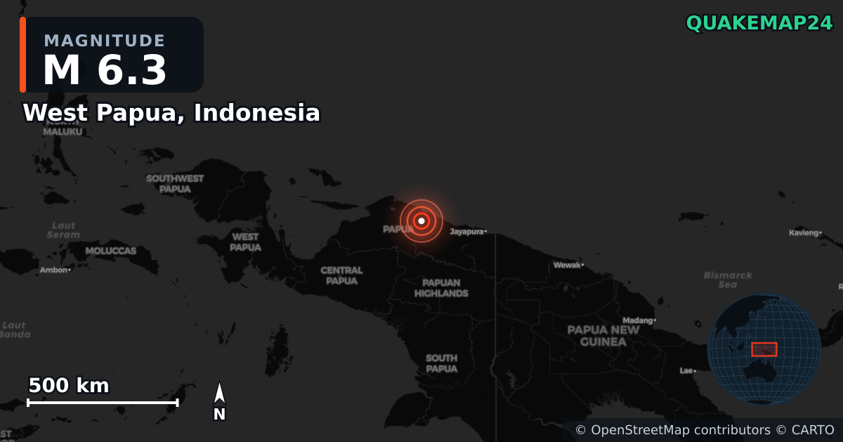 M6.3 earthquake near West Papua, Indonesia on Oct 16, 2025 — map of epicenter and shaking intensity | QuakeMap24