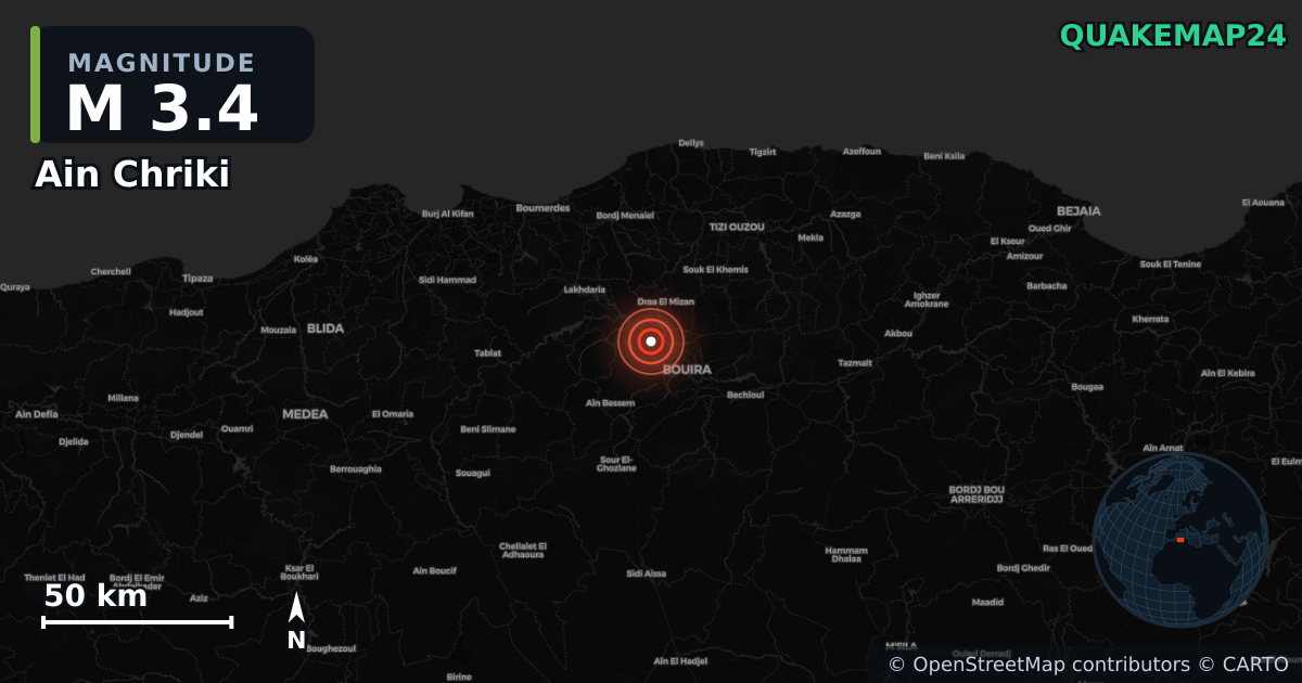 M3.4 earthquake near Ain Chriki on Aug 9, 2026 — map of epicenter and shaking intensity | QuakeMap24