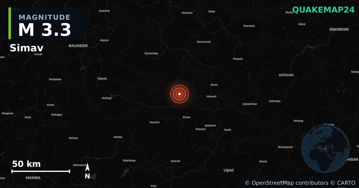 M3.3 earthquake near Simav on Aug 21, 2026 — map of epicenter and shaking intensity | QuakeMap24