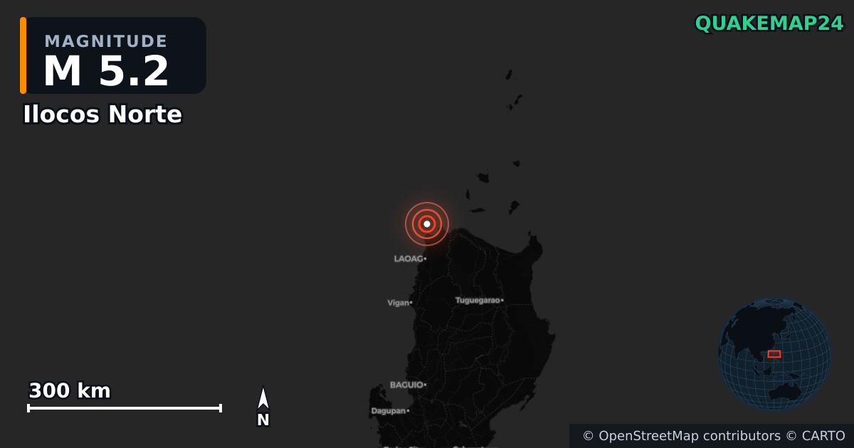 M5.2 earthquake near Ilocos Norte on Oct 17, 2025 — map of epicenter and shaking intensity | QuakeMap24