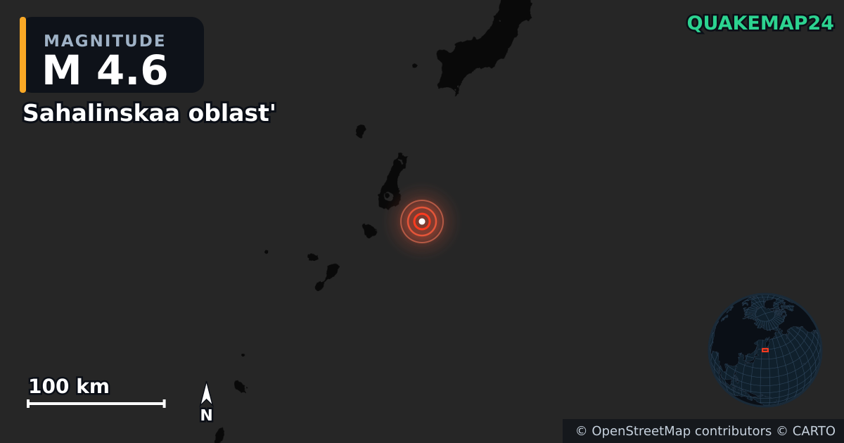 M4.6 earthquake near Sahalinskaa oblast' on Aug 8, 2025 — map of epicenter and shaking intensity | QuakeMap24