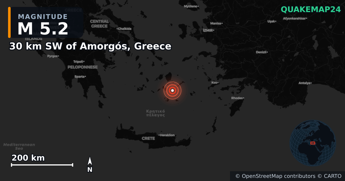 M5.2 earthquake near 30 km SW of Amorgós, Greece on Feb 9, 2025 — map of epicenter and shaking intensity | QuakeMap24