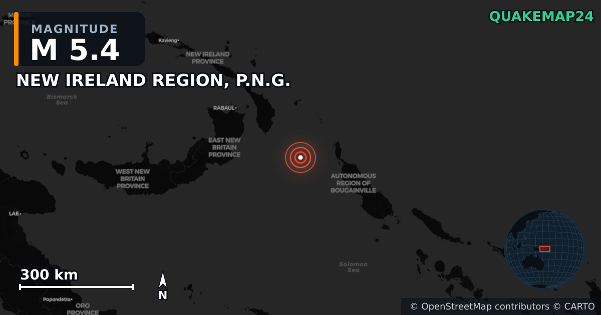 Erdbeben M5,4 bei NEW IRELAND REGION, P.N.G. — Karte der Lage des Epizentrums