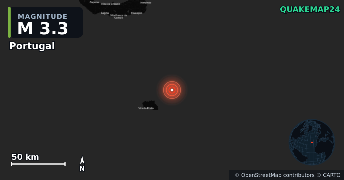 M3.3 earthquake near Portugal on Feb 7, 2026 — map of epicenter and shaking intensity | QuakeMap24