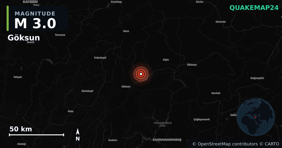 M3.0 earthquake near Göksun on Aug 28, 2025 — map of epicenter and shaking intensity | QuakeMap24