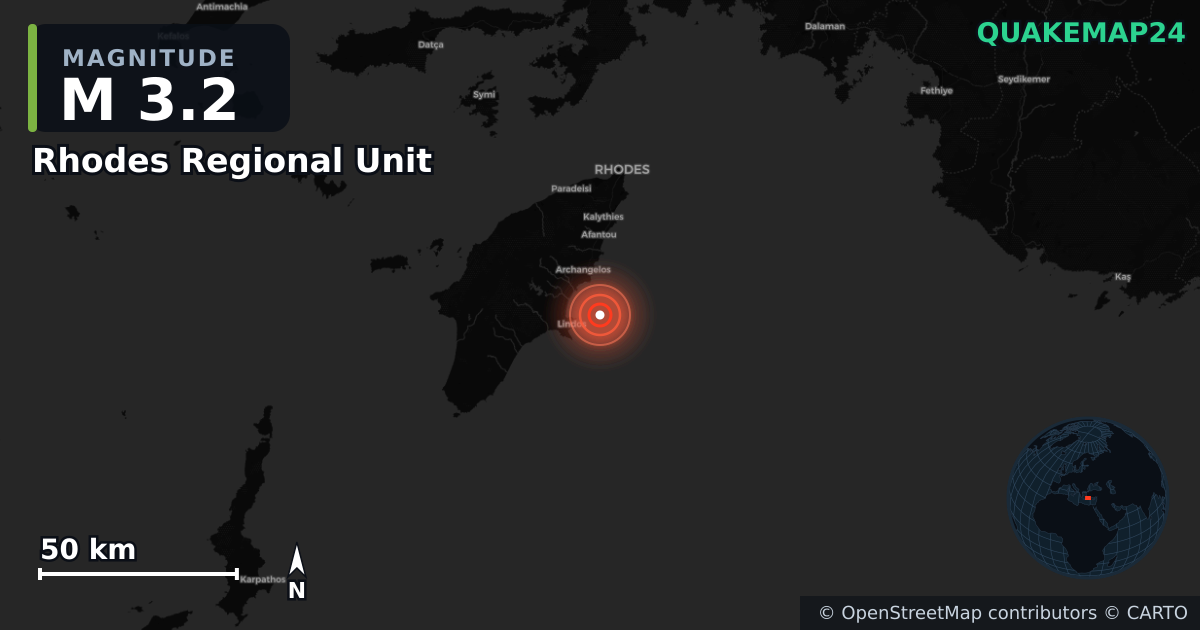 M3.2 earthquake near Rhodes Regional Unit on Aug 7, 2026 — map of epicenter and shaking intensity | QuakeMap24