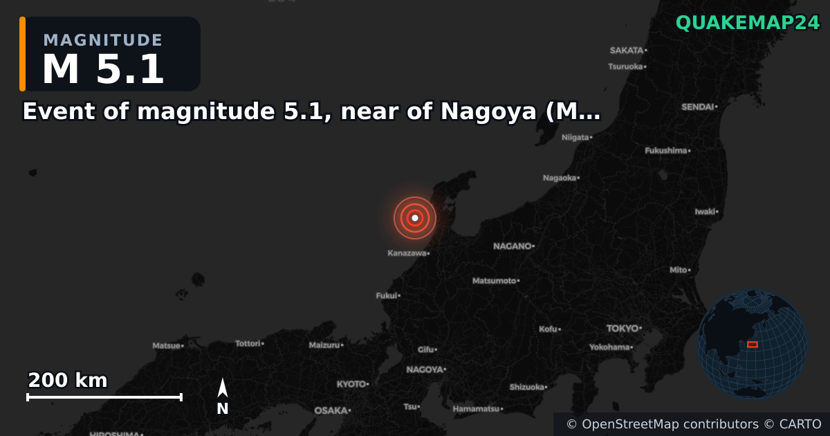 M5.1 earthquake near Event of magnitude 5.1, near of Nagoya (Monde) on Dec 14, 2025 — map of epicenter and shaking intensity | QuakeMap24