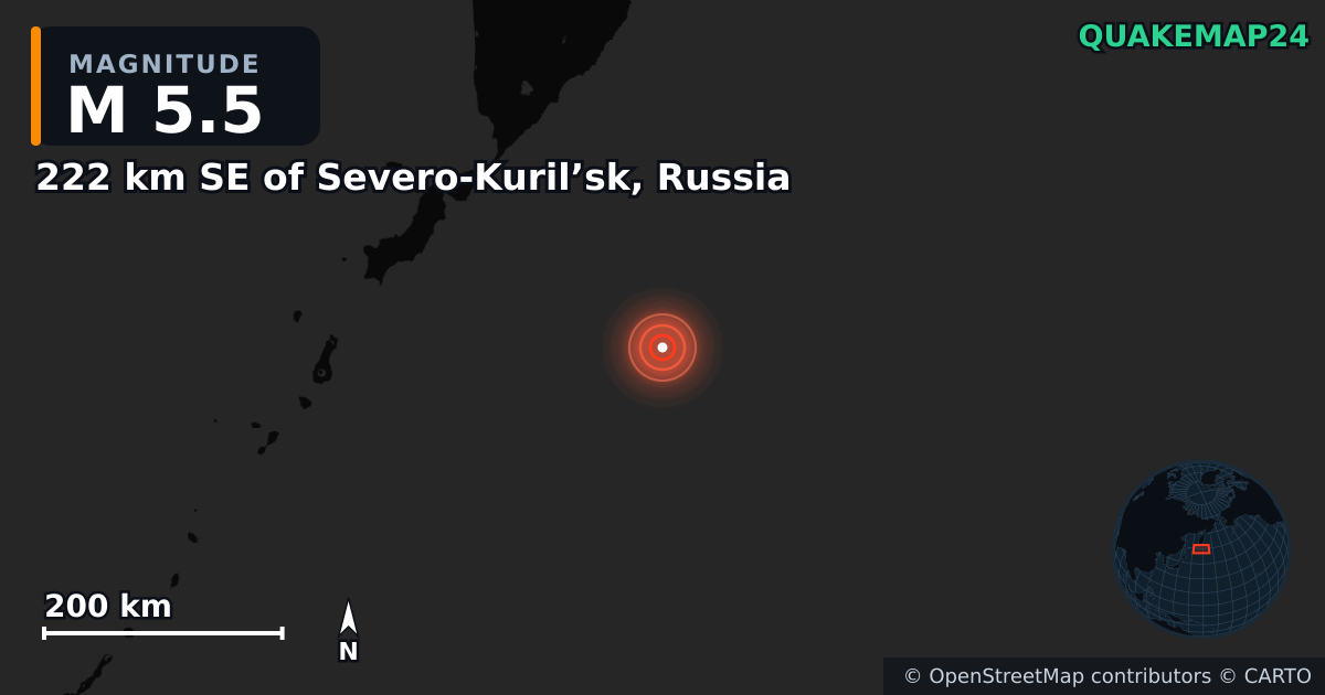 M5.5 earthquake near 222 km SE of Severo-Kuril’sk, Russia on Jul 30, 2025 — map of epicenter and shaking intensity | QuakeMap24