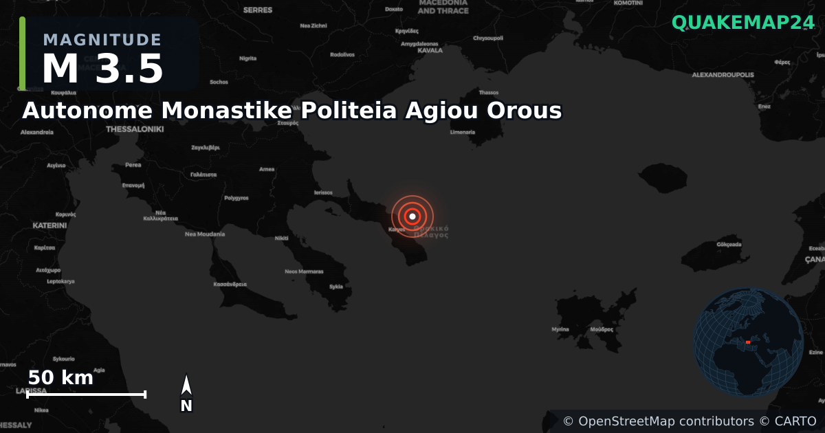M3.5 earthquake near Autonome Monastike Politeia Agiou Orous on Nov 17, 2025 — map of epicenter and shaking intensity | QuakeMap24