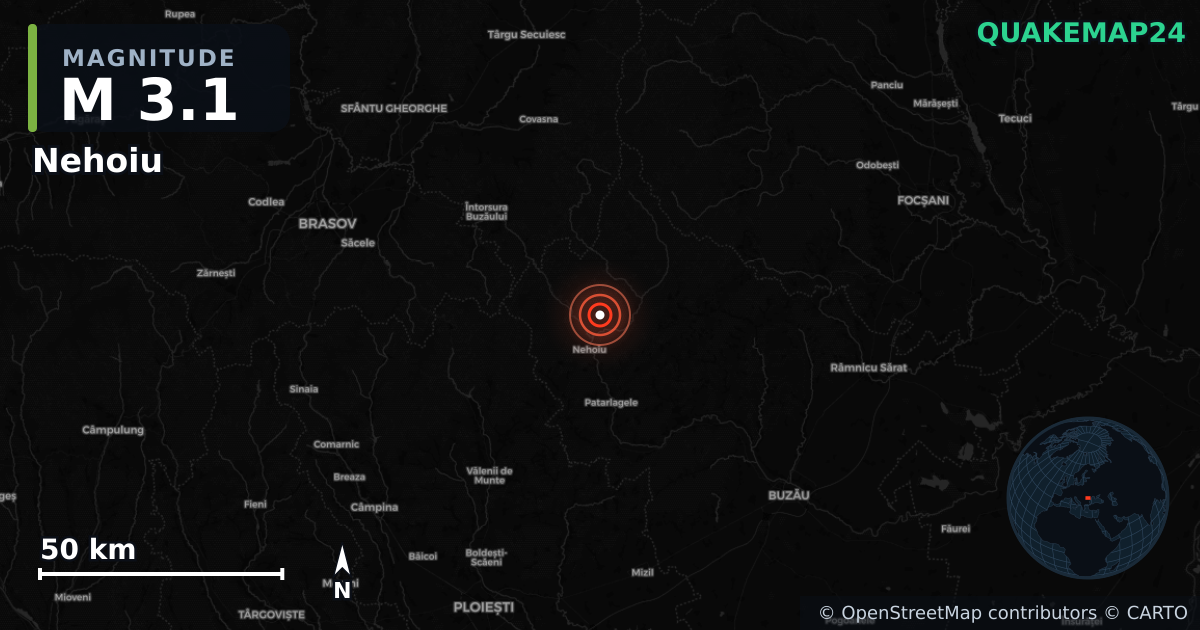 M3.1 earthquake near Nehoiu on Sep 19, 2025 — map of epicenter and shaking intensity | QuakeMap24