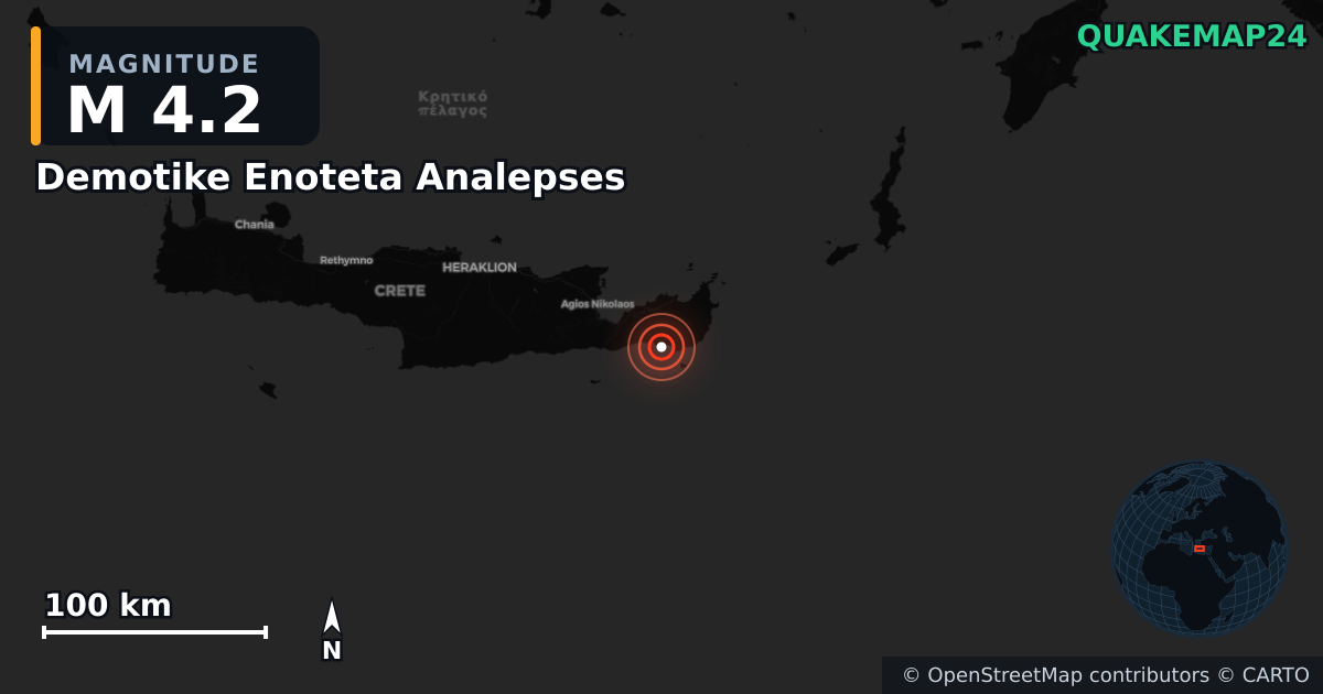 M4.2 earthquake near Demotike Enoteta Analepses on Apr 24, 2026 — map of epicenter and shaking intensity | QuakeMap24