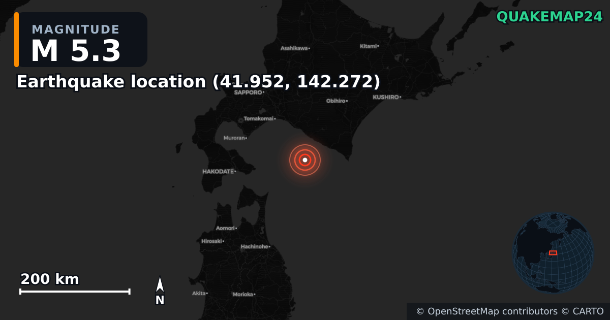 M5.3 earthquake near Deprem konumu (41.952, 142.272) on Dec 9, 2025 — map of epicenter and shaking intensity | QuakeMap24