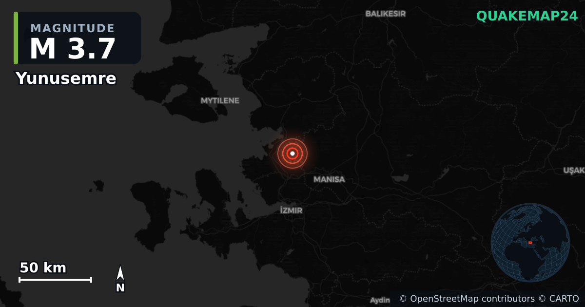 M3.7 earthquake near Yunusemre on Jan 11, 2026 — map of epicenter and shaking intensity | QuakeMap24